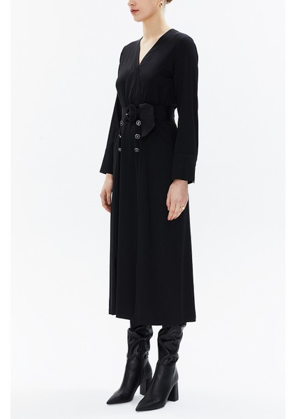 Siyah Anvelop Kapama Kemerli Midi Elbise 93322 fiyatları