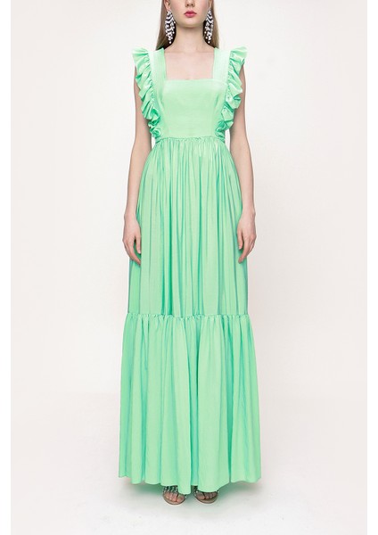 Yeşil Kolsuz Volanlı Elbise 93562