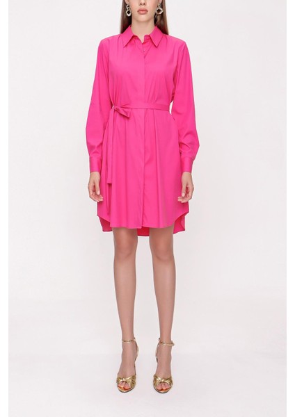 Fuşya Kemerli Gömlek Elbise 94006
