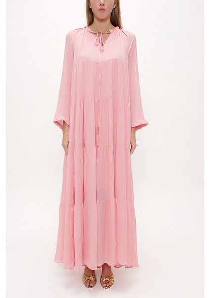 Pembe Bol Kesim Büzgülü Uzun Elbise 93742