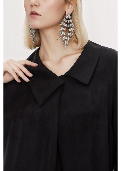 Siyah Büyük Yaka Detaylı Bol Kesim Elbise 94118 modelleri