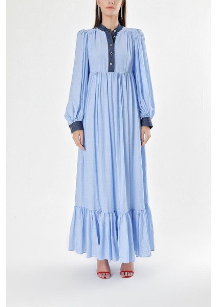 Mavi Büzgülü ve Düğme Detaylı Uzun Elbise 94252 fiyatları