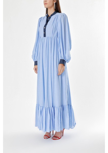 Mavi Büzgülü ve Düğme Detaylı Uzun Elbise 94252 modelleri