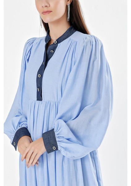 Mavi Büzgülü ve Düğme Detaylı Uzun Elbise 94252 indirimleri