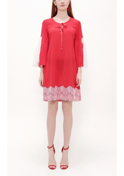 Kırmızı Dantelli ve Bağcıklı Mini Elbise 92332