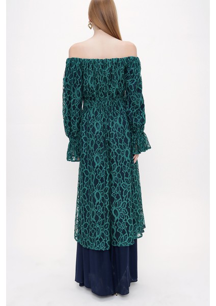 Yeşil Düşük Omuzlu Dantel Elbise 93803 modelleri