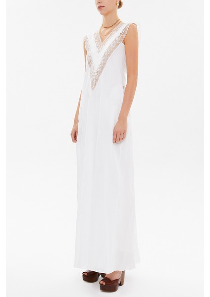 Beyaz V Yaka Dantelli Uzun Elbise 92254 fiyatları