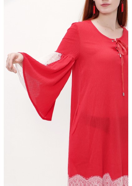 Kırmızı Dantelli ve Bağcıklı Mini Elbise 92332 modelleri