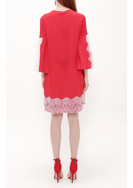 Kırmızı Dantelli ve Bağcıklı Mini Elbise 92332 fırsatları