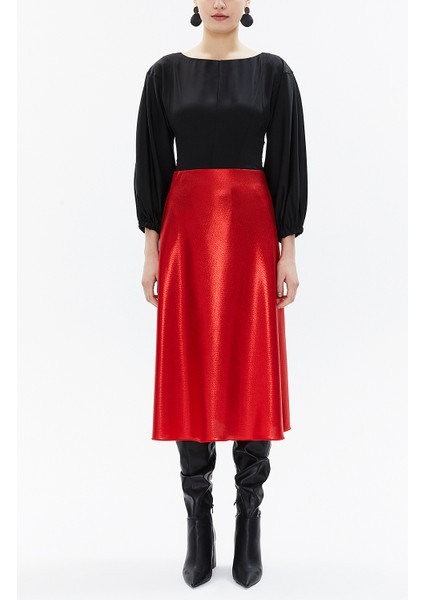 Kırmızı Beli Lastikli Midi Etek 81150