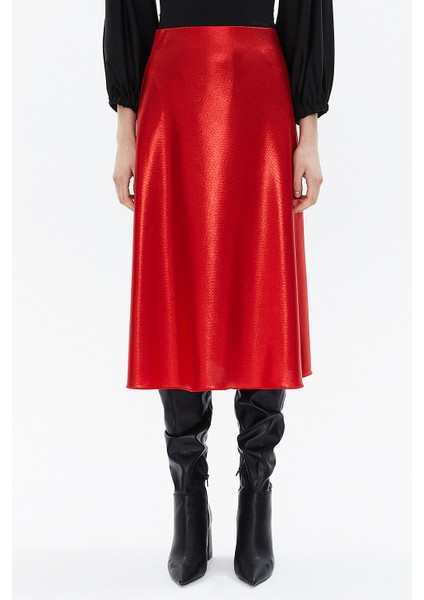 Kırmızı Beli Lastikli Midi Etek 81150