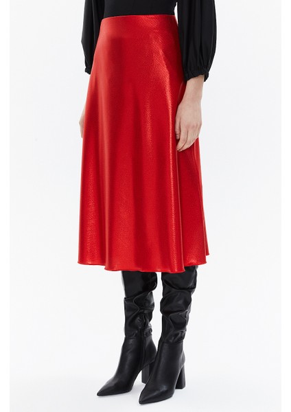 Kırmızı Beli Lastikli Midi Etek 81150