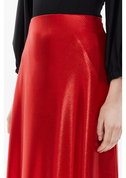 Kırmızı Beli Lastikli Midi Etek 81150