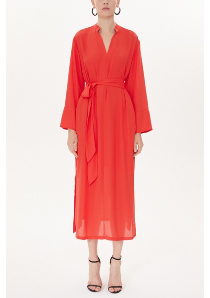 Kırmızı Hakim Yaka Bol Kesim Elbise 93726