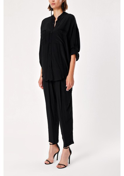 Siyah Bol Kesim Gömlek ve Beli Lastikli Pantolunlu Takım 12308 fiyatları