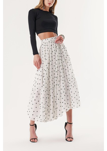 Puantiyeli Pileli Beli Lastikli Uzun Etek 81245