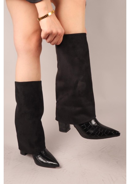 Selora Süet-Kroko Garnili Topuklu Çizme Siyah modelleri