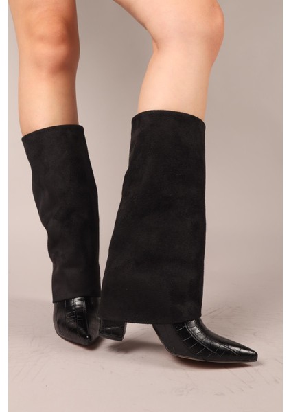 Selora Süet-Kroko Garnili Topuklu Çizme Siyah fırsatları