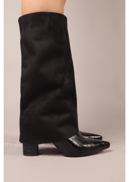 Selora Süet-Kroko Garnili Topuklu Çizme Siyah indirimleri