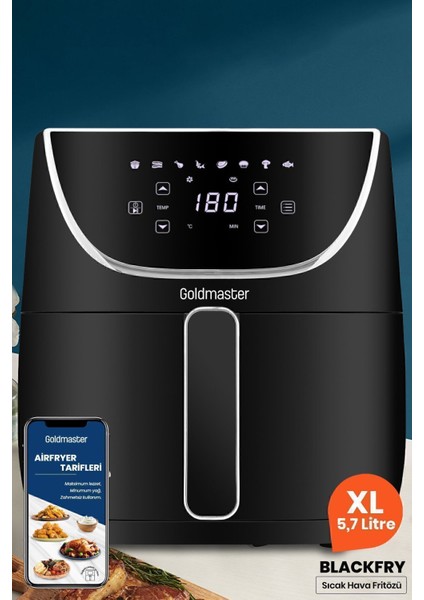 Dijital 1700W 8 Programlı Yağsız Sıcak Hava Fritözü, 5.7l