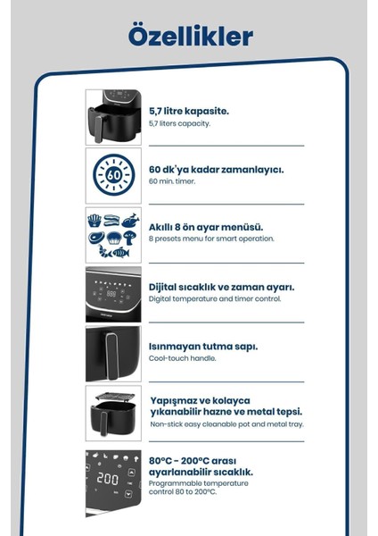 Dijital 1700W 8 Programlı Yağsız Sıcak Hava Fritözü, 5.7l