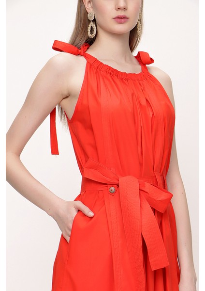 Kırmızı Kolsuz Bol Kesim Poplin Elbise 93542 modelleri