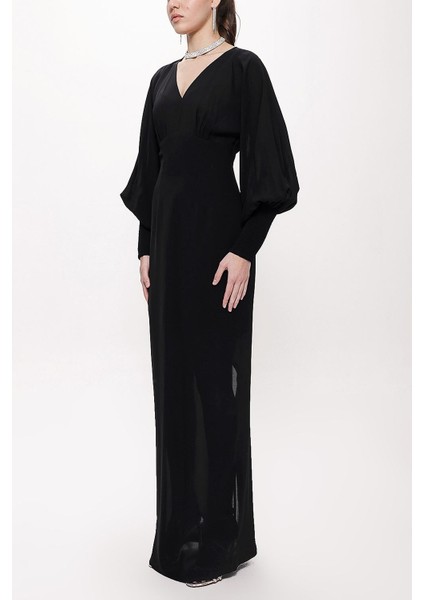 Siyah Korsiyaj Detaylı V Yaka Uzun Elbise 94163 modelleri