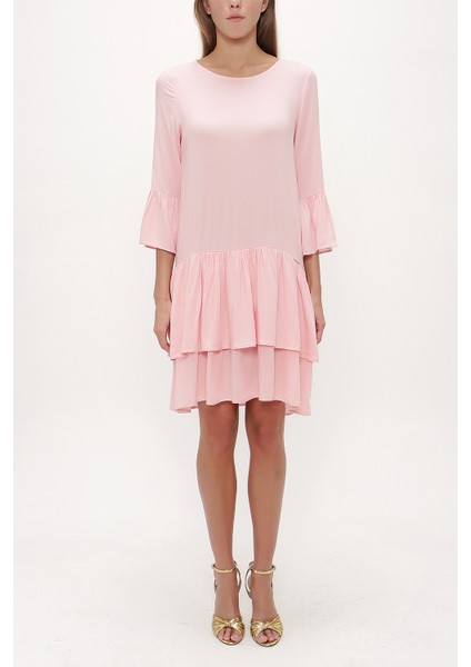 Pembe Bol Kesim Fırfırlı Mini Elbise 92395