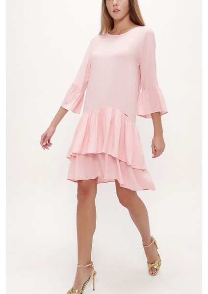 Pembe Bol Kesim Fırfırlı Mini Elbise 92395 indirimleri