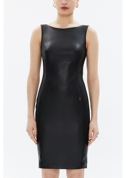 Siyah Deri Kolsuz Dar Kesim Mini Elbise 93345 fiyatları