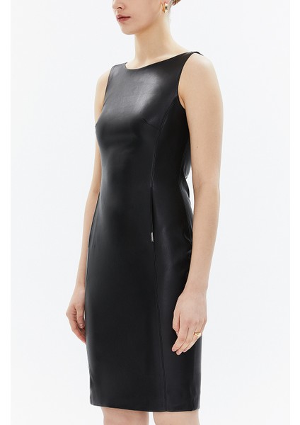 Siyah Deri Kolsuz Dar Kesim Mini Elbise 93345 modelleri