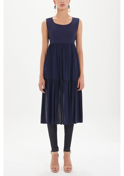 Lacivert Sırt Dekolteli Kısa Kollu Midi Elbise 92399