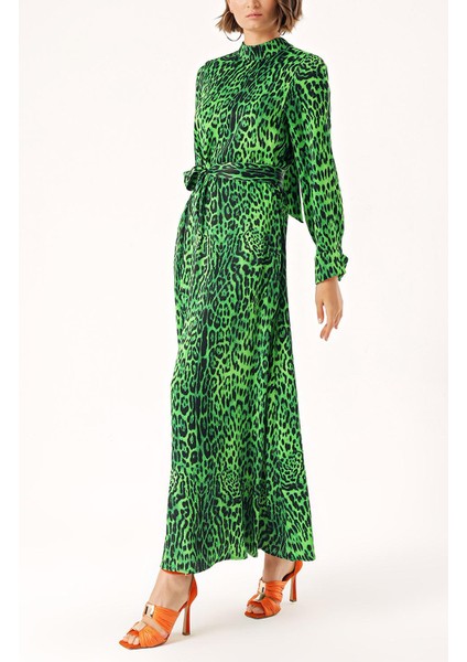 Leopar-Yeşil Uzun Kemerli Viskon Elbise 94355