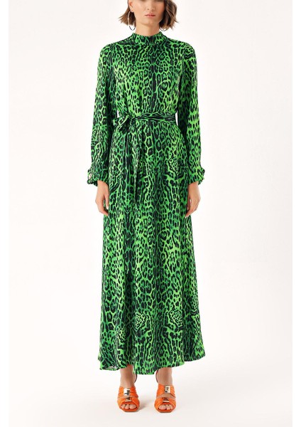 Leopar-Yeşil Uzun Kemerli Viskon Elbise 94355 fiyatları