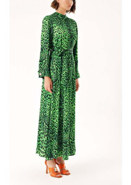 Leopar-Yeşil Uzun Kemerli Viskon Elbise 94355 modelleri