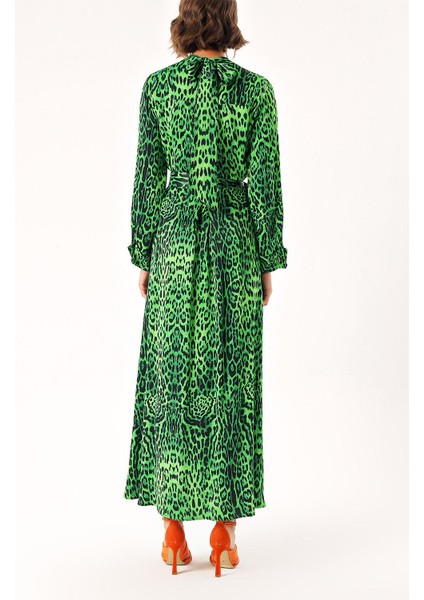 Leopar-Yeşil Uzun Kemerli Viskon Elbise 94355 fırsatları