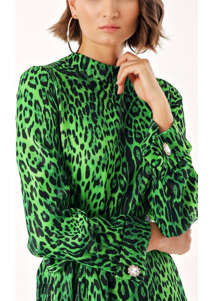 Leopar-Yeşil Uzun Kemerli Viskon Elbise 94355 indirimleri