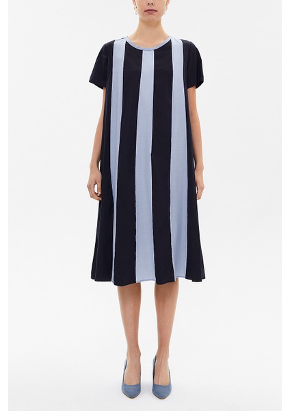 Lacivert Kontrast Renkli Bol Kesim Midi Elbise 92809