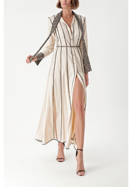 Bej Kontrast Biye Detaylı Uzun Gömlek Elbise 94325