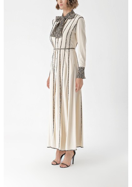 Bej Kontrast Biye Detaylı Uzun Gömlek Elbise 94325 modelleri