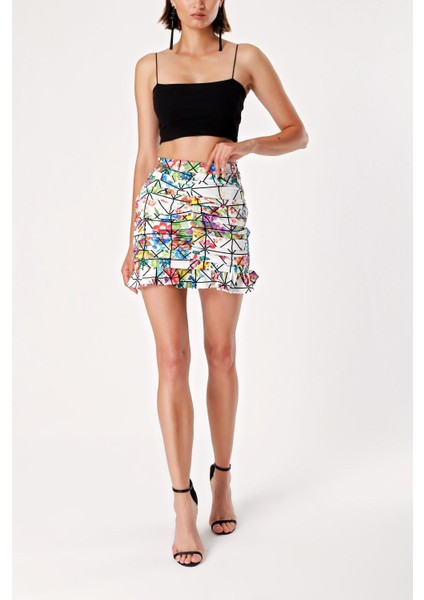 Ekru Siyah Çizgili Büzgülü Dar Kesim Midi Etek 81123