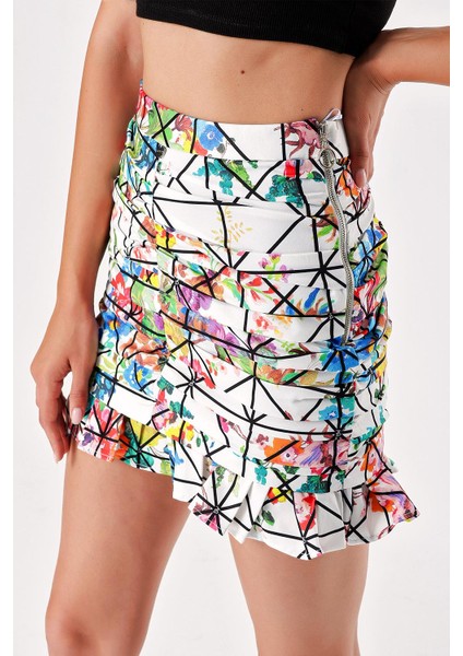 Ekru Siyah Çizgili Büzgülü Dar Kesim Midi Etek 81123