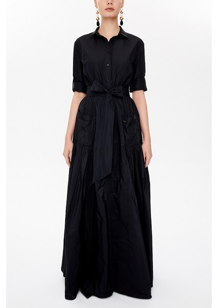 Siyah Büzgülü Tafta Uzun Gömlek Elbise 94250