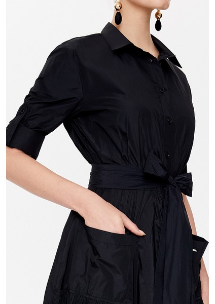 Siyah Büzgülü Tafta Uzun Gömlek Elbise 94250 modelleri