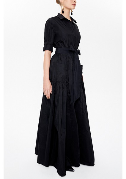 Siyah Büzgülü Tafta Uzun Gömlek Elbise 94250 indirimleri