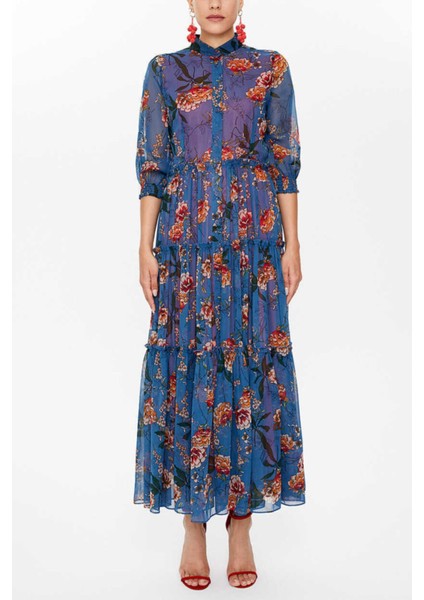 Mavi Kolları Lastikli Büzgülü Uzun Elbise 93164