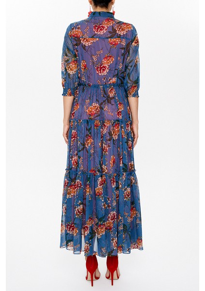 Mavi Kolları Lastikli Büzgülü Uzun Elbise 93164 fırsatları