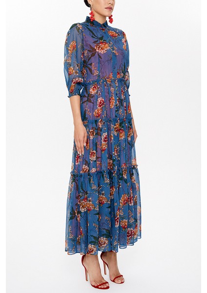 Mavi Kolları Lastikli Büzgülü Uzun Elbise 93164 indirimleri