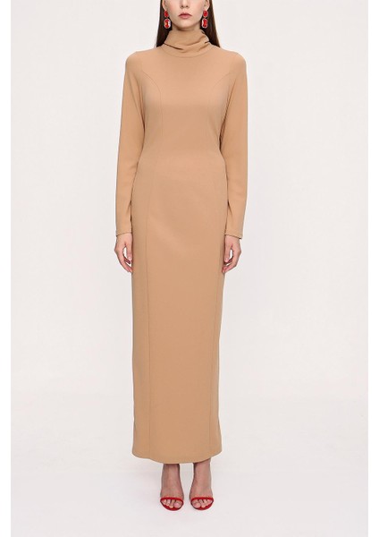 Bej Yüksek Yaka Bağlamalı Uzun Elbise 94008
