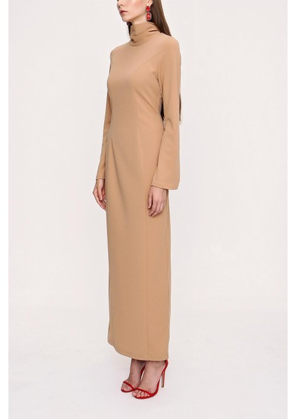 Bej Yüksek Yaka Bağlamalı Uzun Elbise 94008 fiyatları